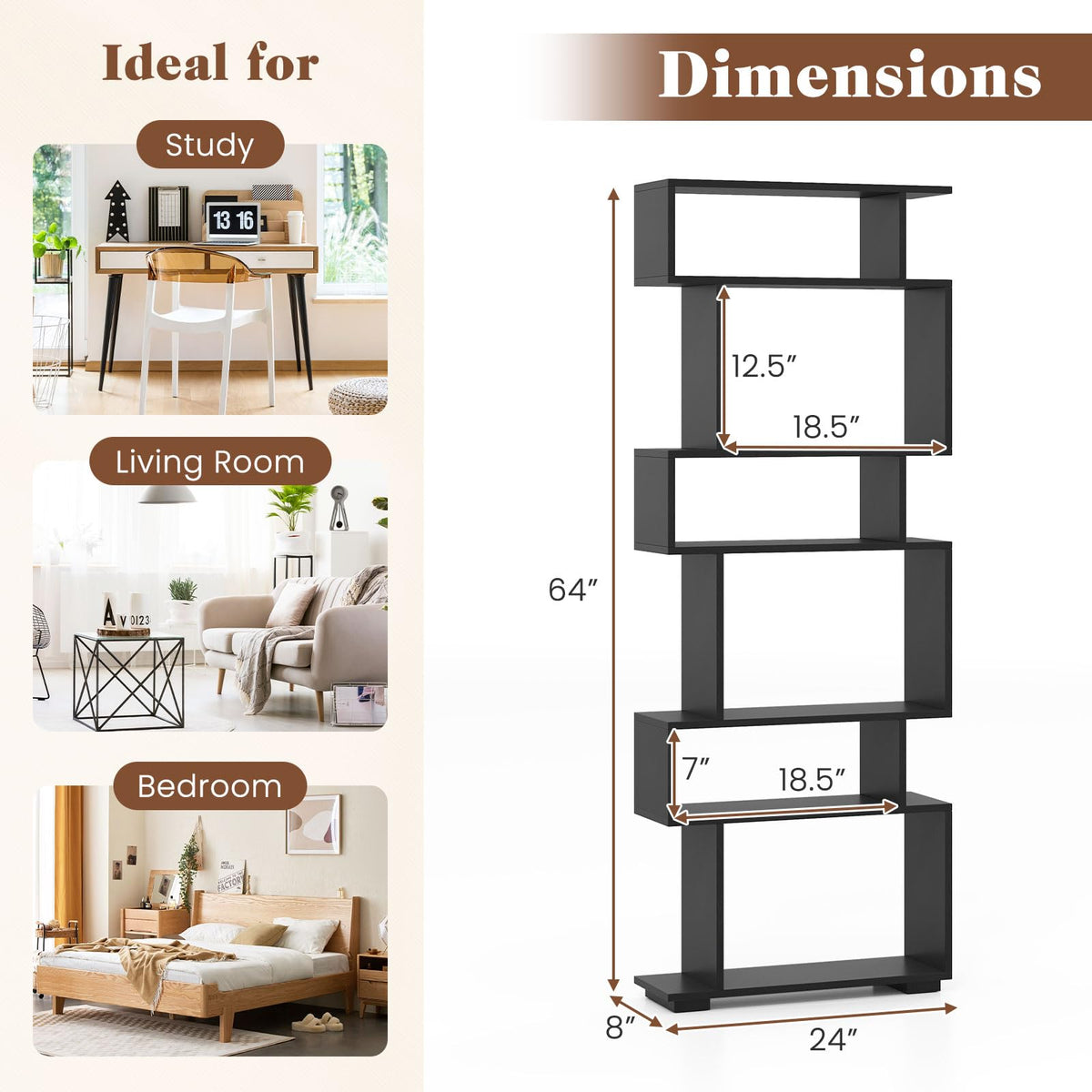 6-Tier S-Shaped Wooden Bookshelf Q890177