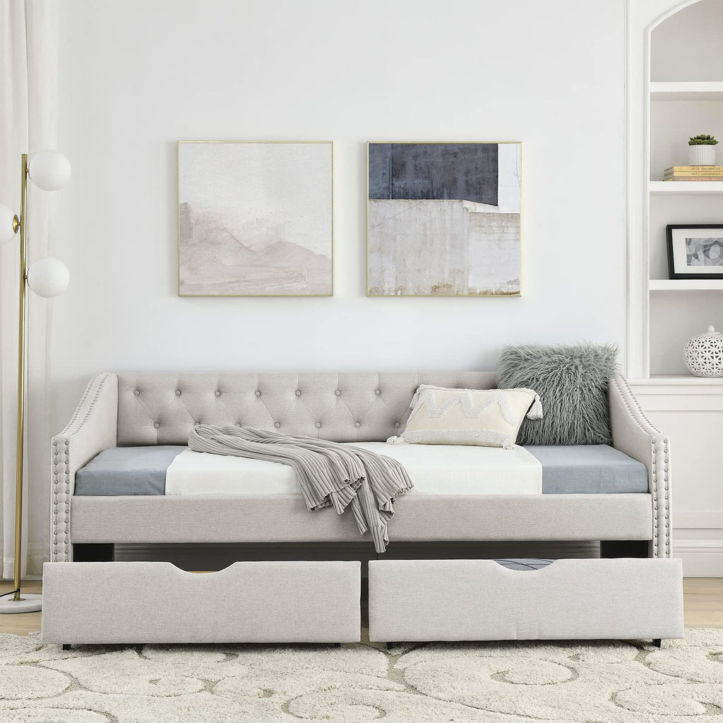 Beige Twin Size Upholstered Daybed with Drawers Y6072