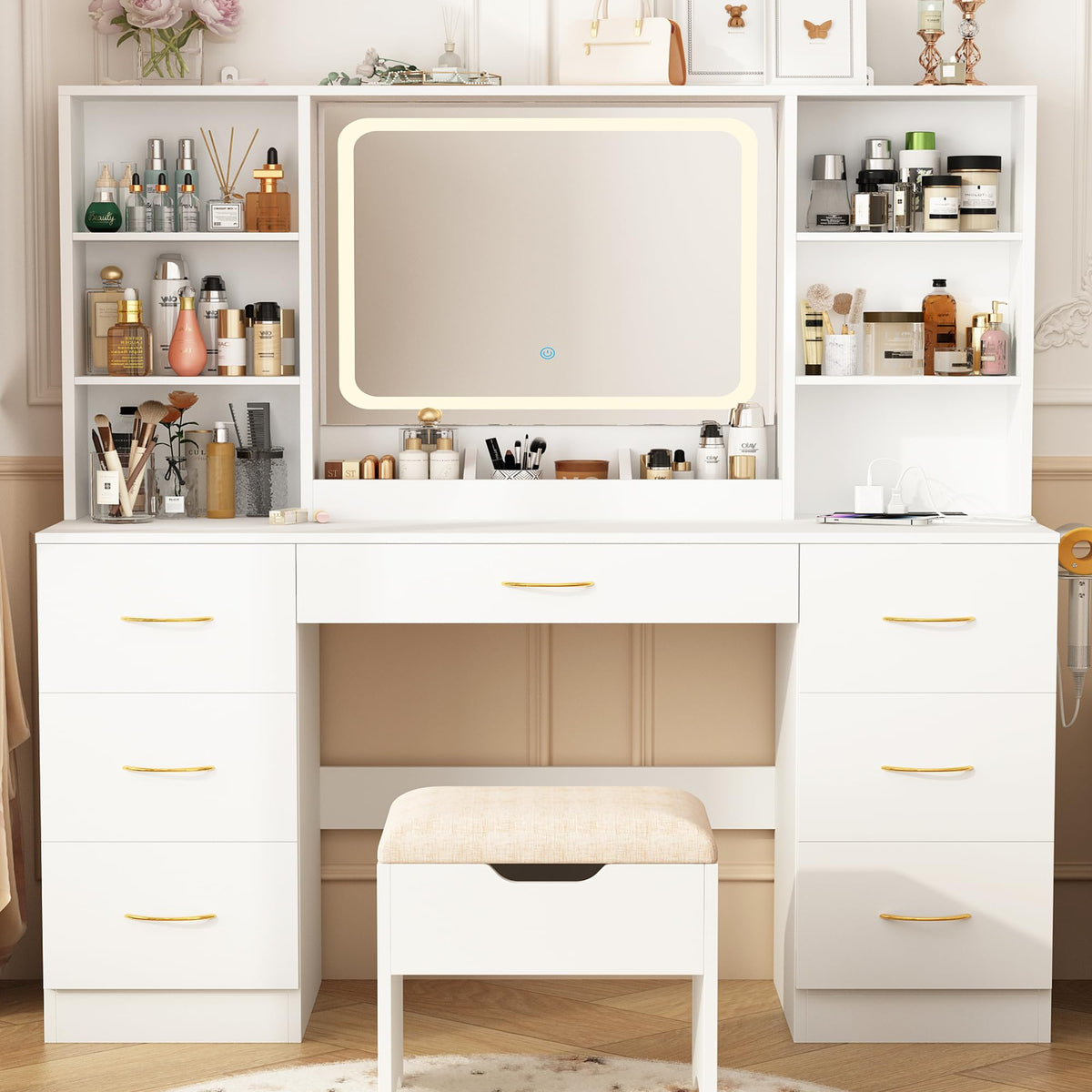 47" White Vanity Desk with Mirror and Lights T6452