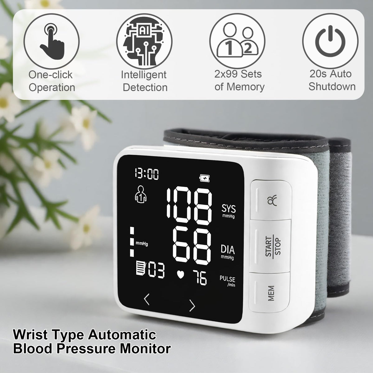 Wrist Blood Pressure Monitor with 2 Users Memory LCD Display X990