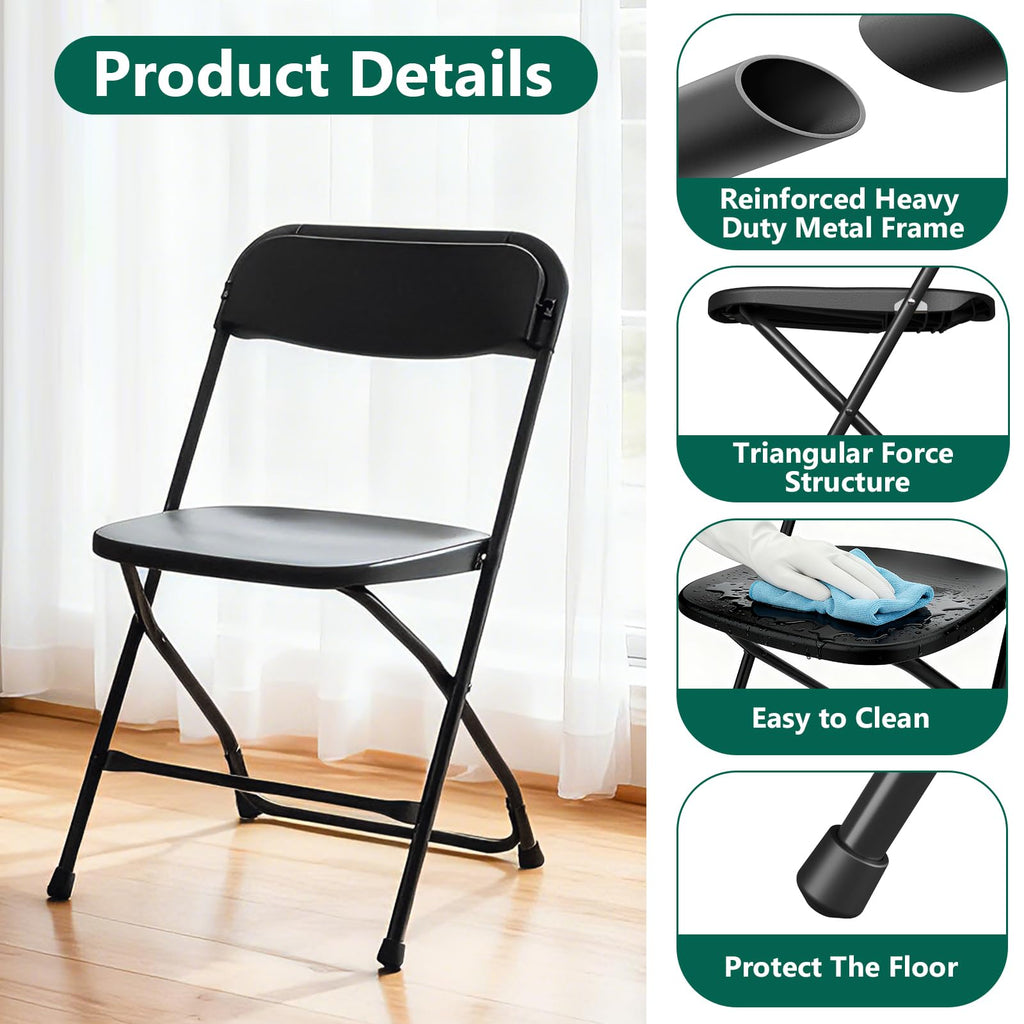 Black Plastic Folding Chairs, 10 Pack Steel Frame 350lbs Capacity O711858