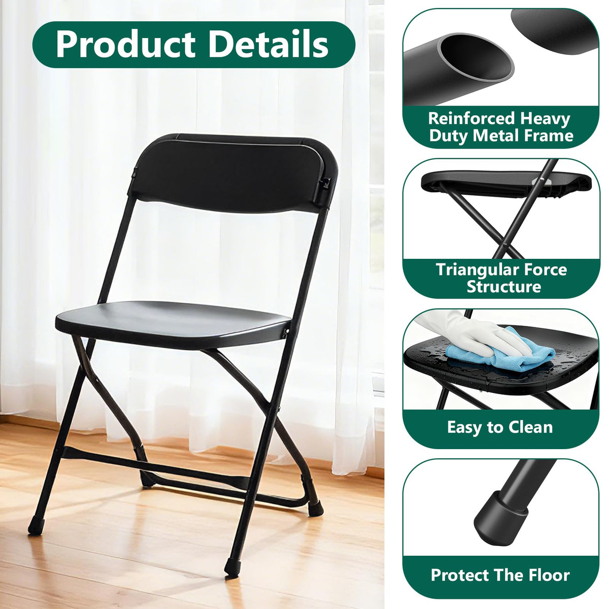 Black Plastic Folding Chairs, 10 Pack Steel Frame 350lbs Capacity O711858
