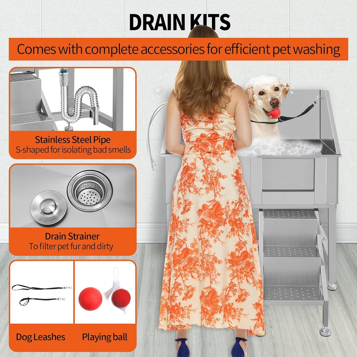 38" Stainless Steel Dog Grooming Tub with Stairs S5438