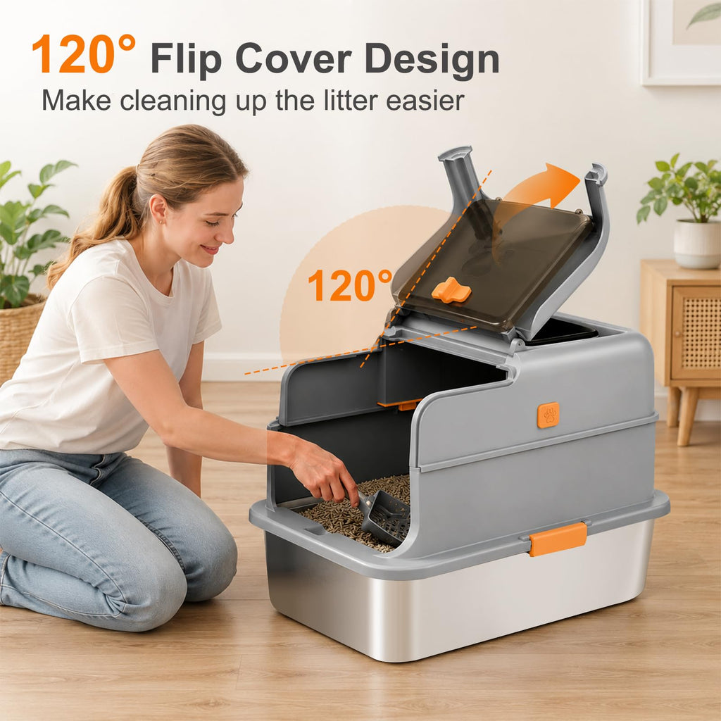 Stainless Steel High Sided Cat Litter Box with Lid T9115