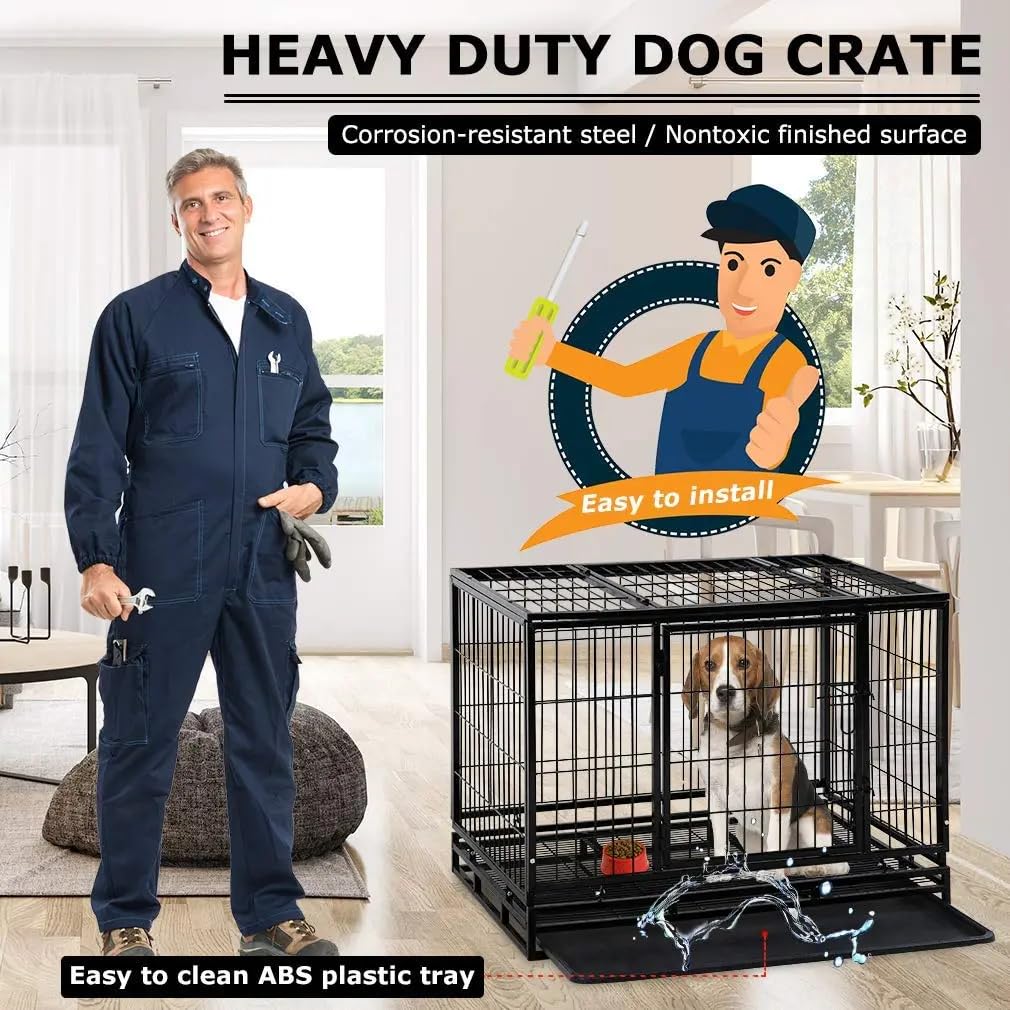 Extra Large Double-Door Heavy Duty Metal Dog Crate (Black, 48 inch) U6067