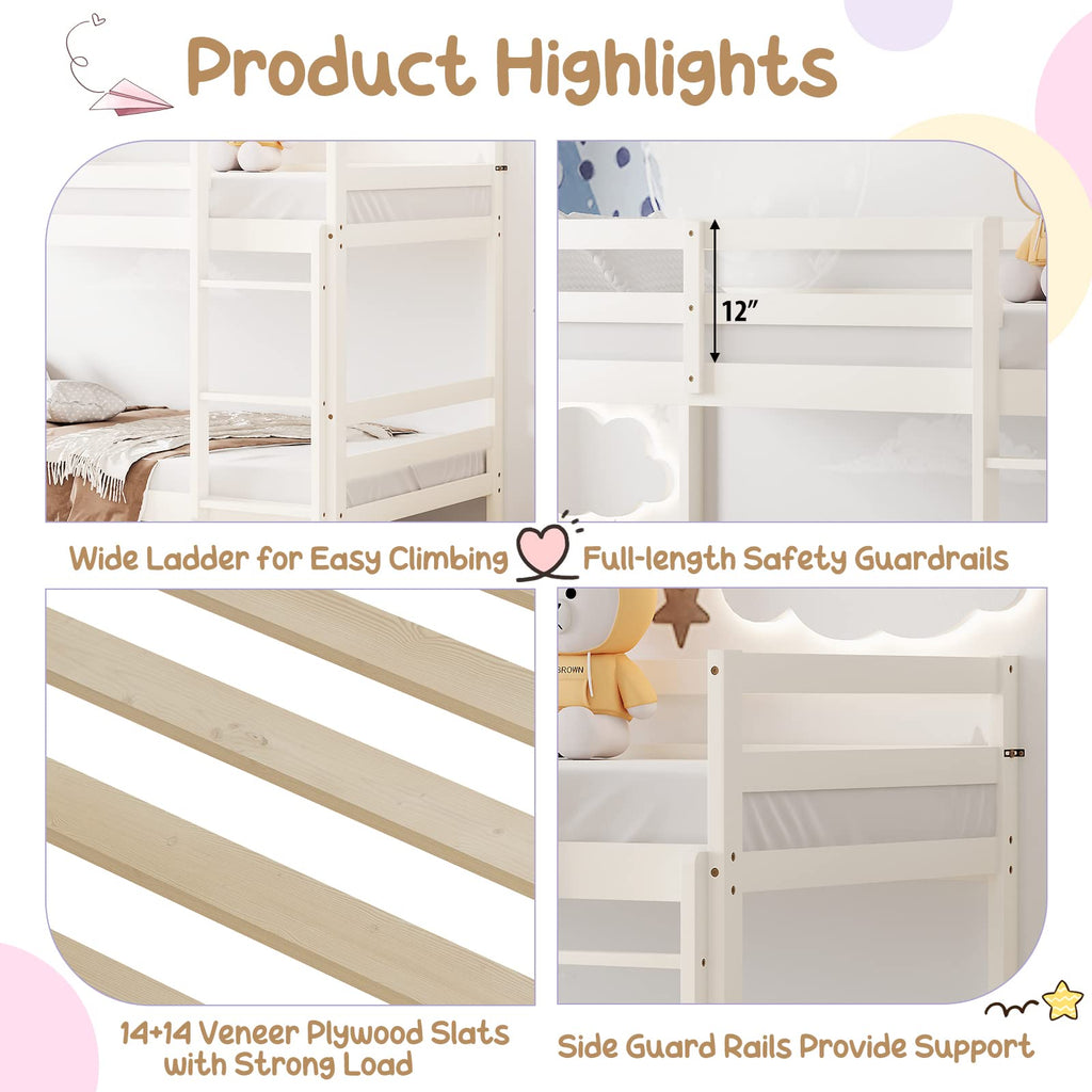 Wood Twin Over Twin Bunk Bed with Ladder & Safety Guardrail C28189