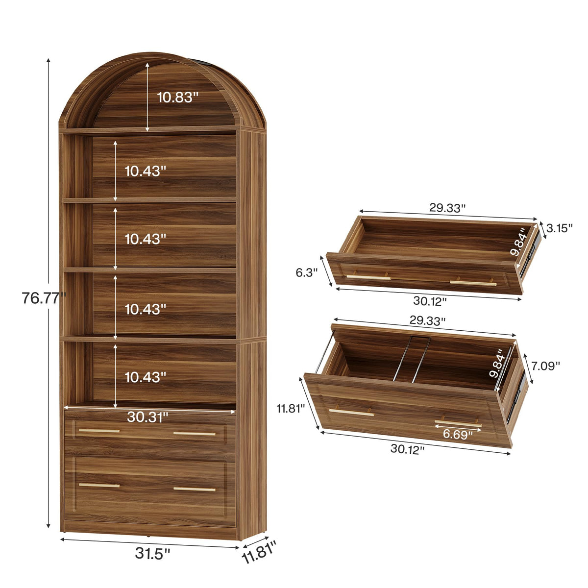 76.8" Tall Arched Bookcase with File Cabinet Drawer, Walnut Brown O698