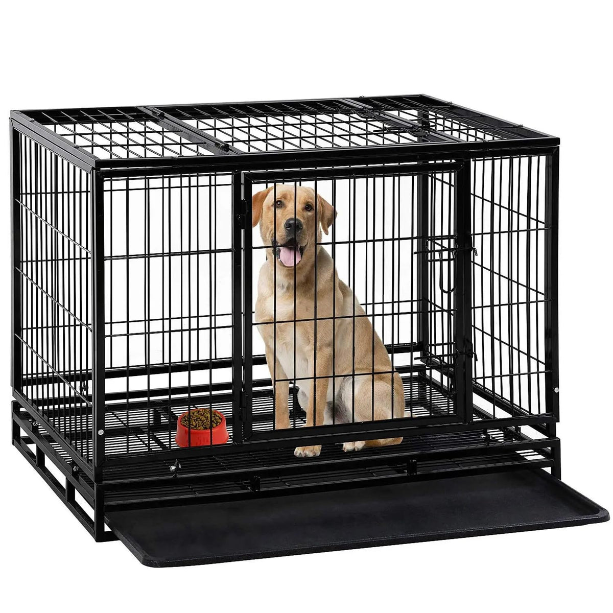 Extra Large Double-Door Heavy Duty Metal Dog Crate (Black, 48 inch) U6067