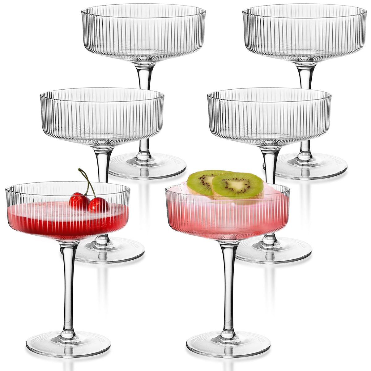 Ribbed Coupe Glasses Set of 6, 9 oz Crystal Cocktail Glassware U95255