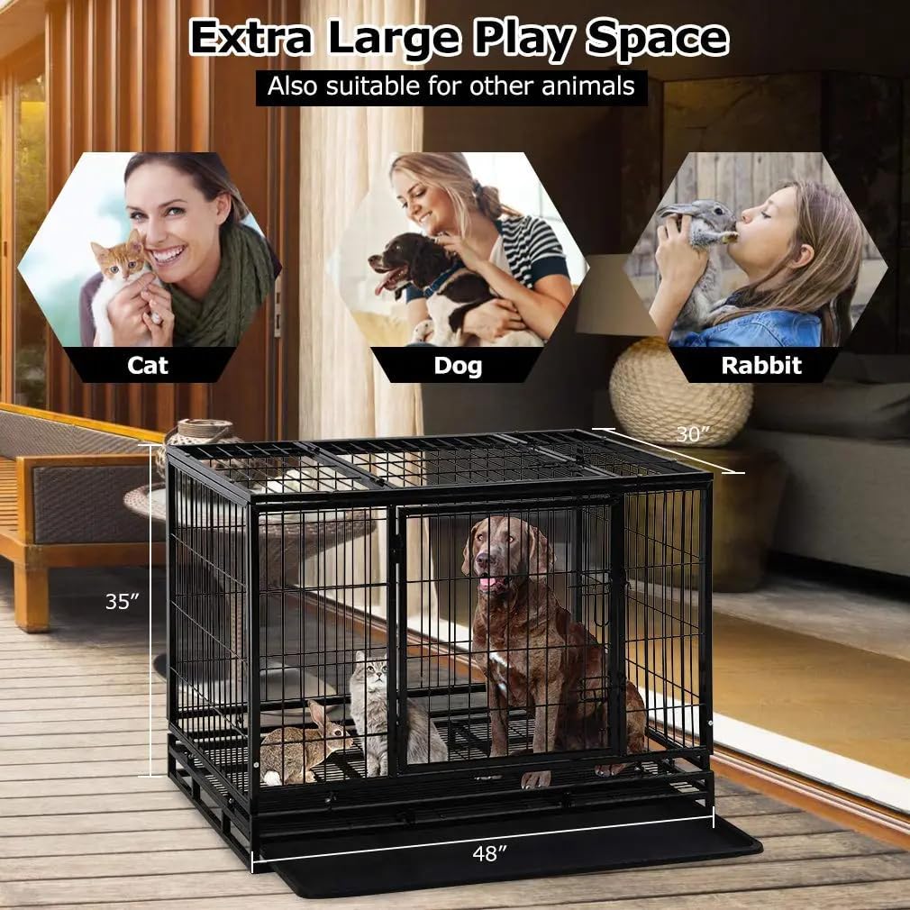 Extra Large Double-Door Heavy Duty Metal Dog Crate (Black, 48 inch) U6067