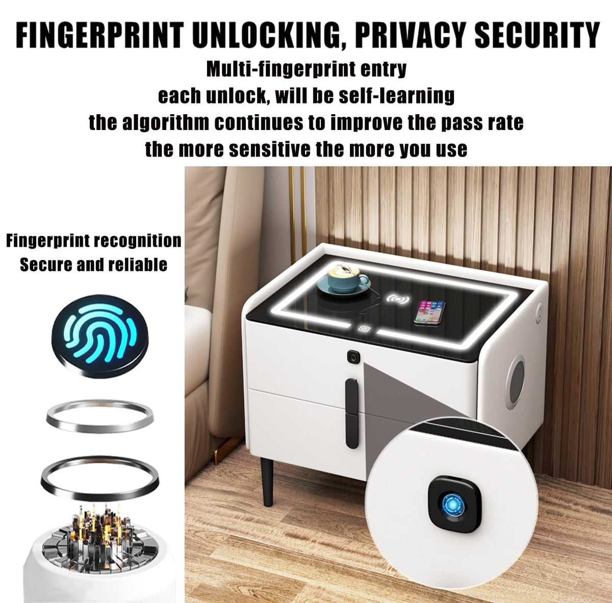 Gray 3 Tier Nightstand with Wireless Charging and Fingerprint Lock I21265