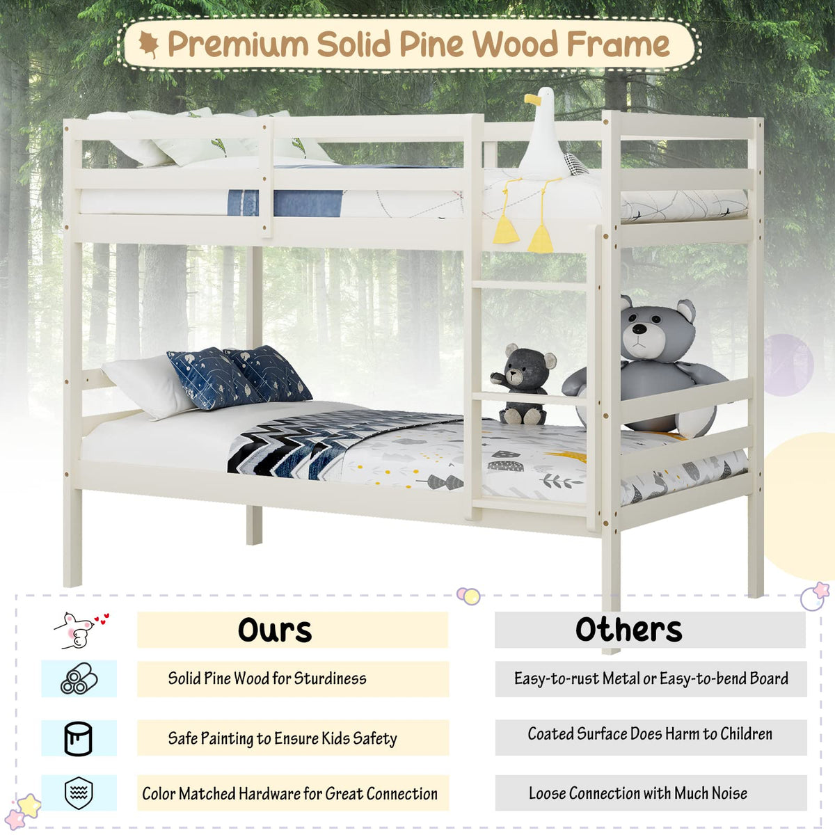 Wood Twin Over Twin Bunk Bed with Ladder & Safety Guardrail C28189
