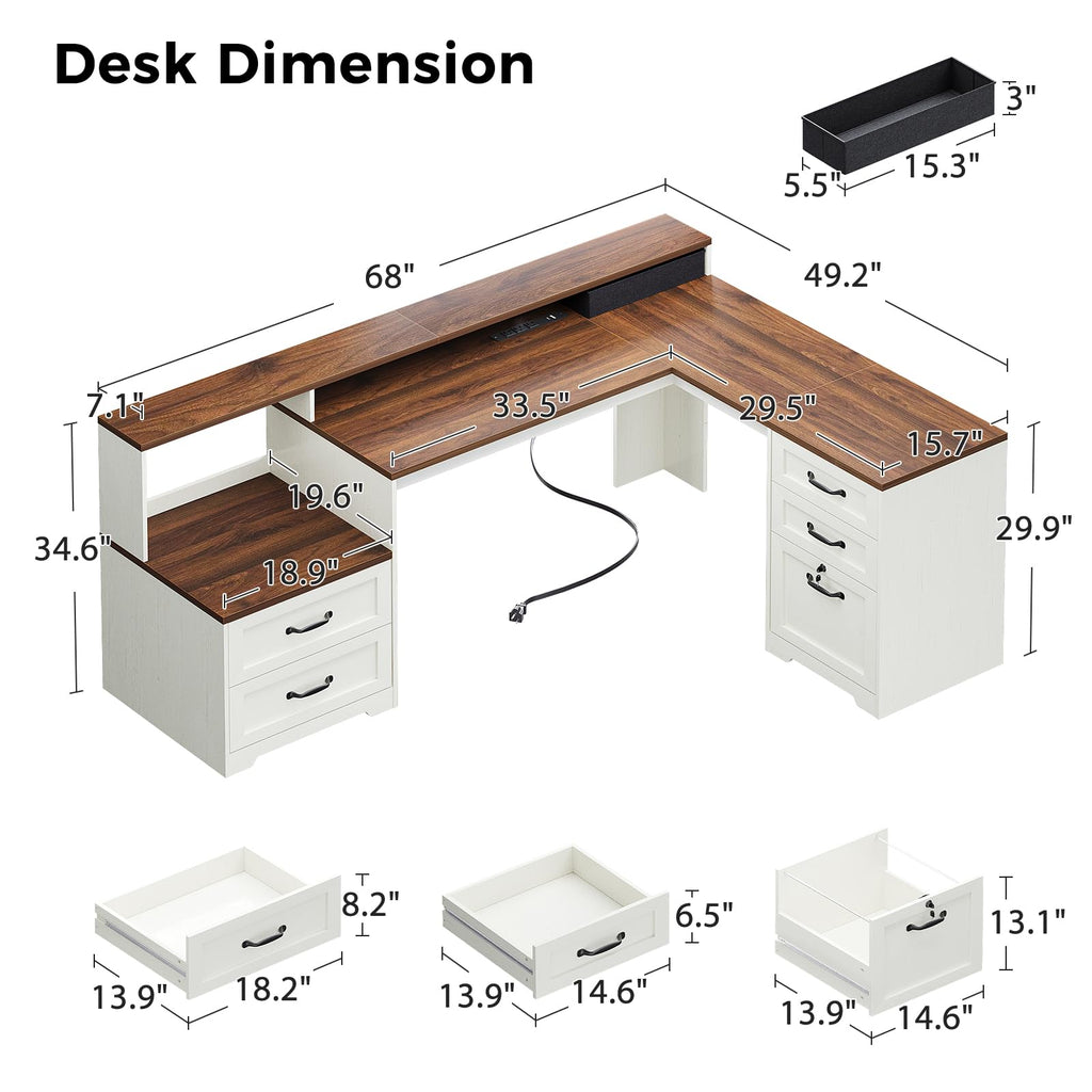 68 Inch L Shaped Executive Desk with Drawers I490