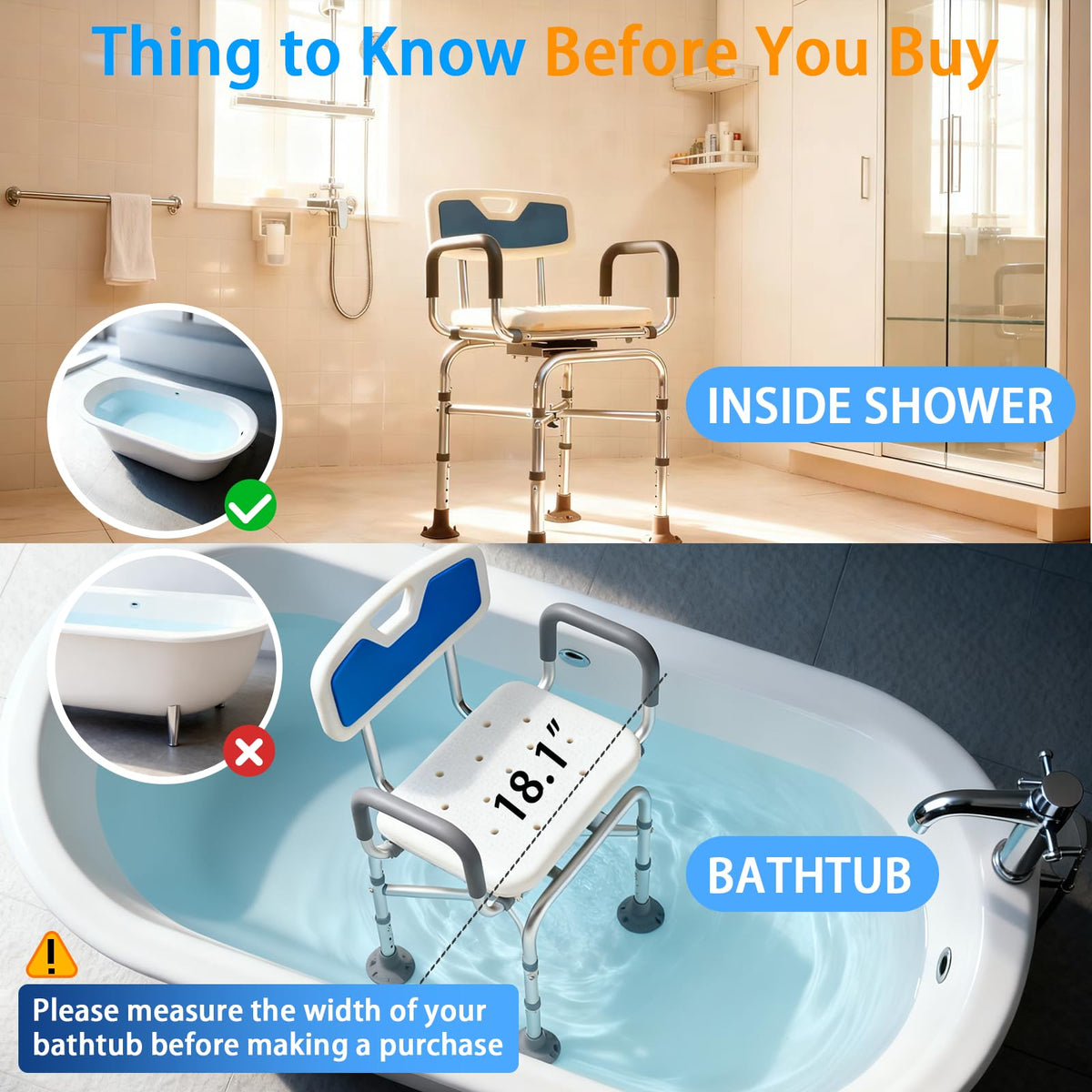 2-Level Width Adjustable 360° Heavy Duty Swivel Shower Chair with Arms and Back B69595