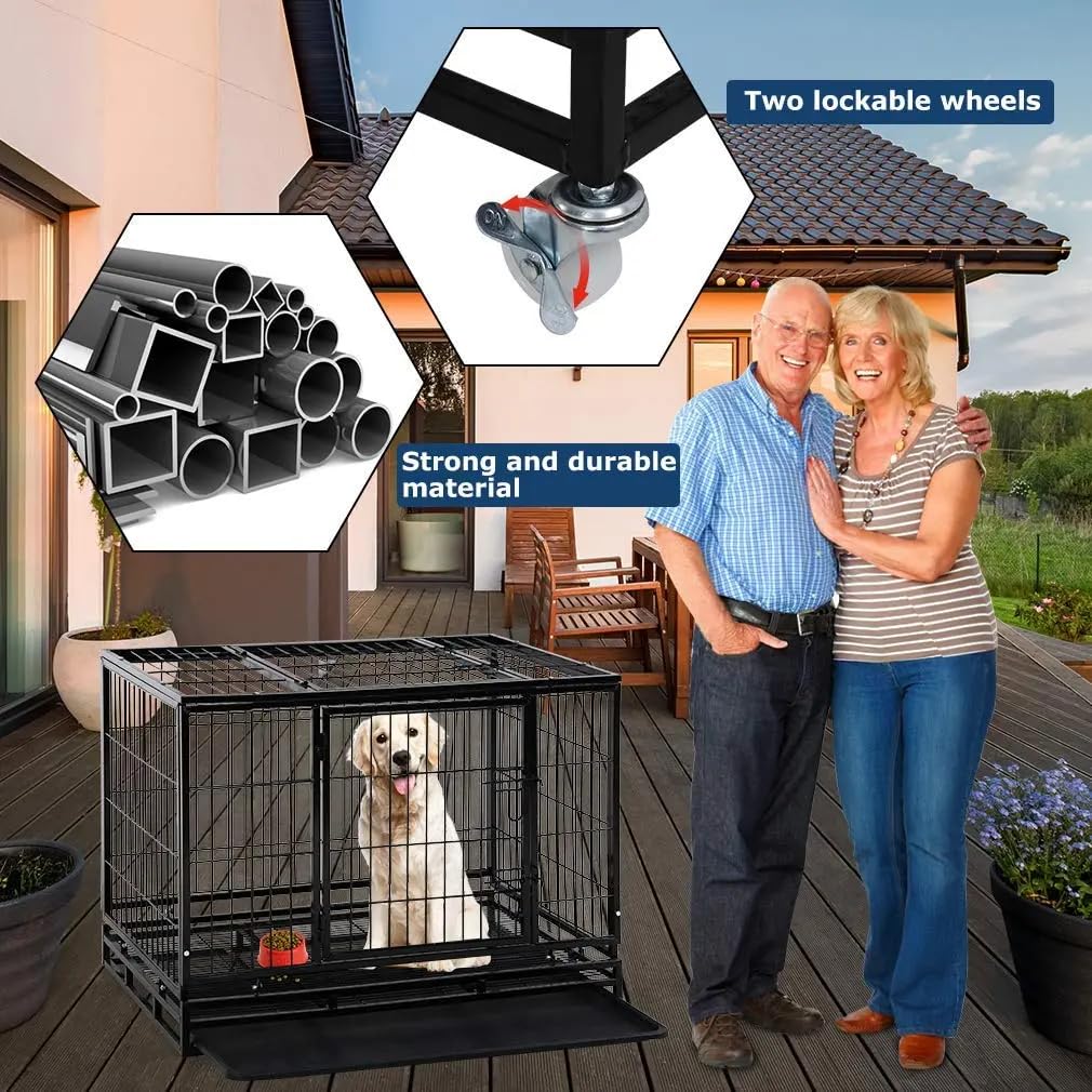 Extra Large Double-Door Heavy Duty Metal Dog Crate (Black, 48 inch) U6067