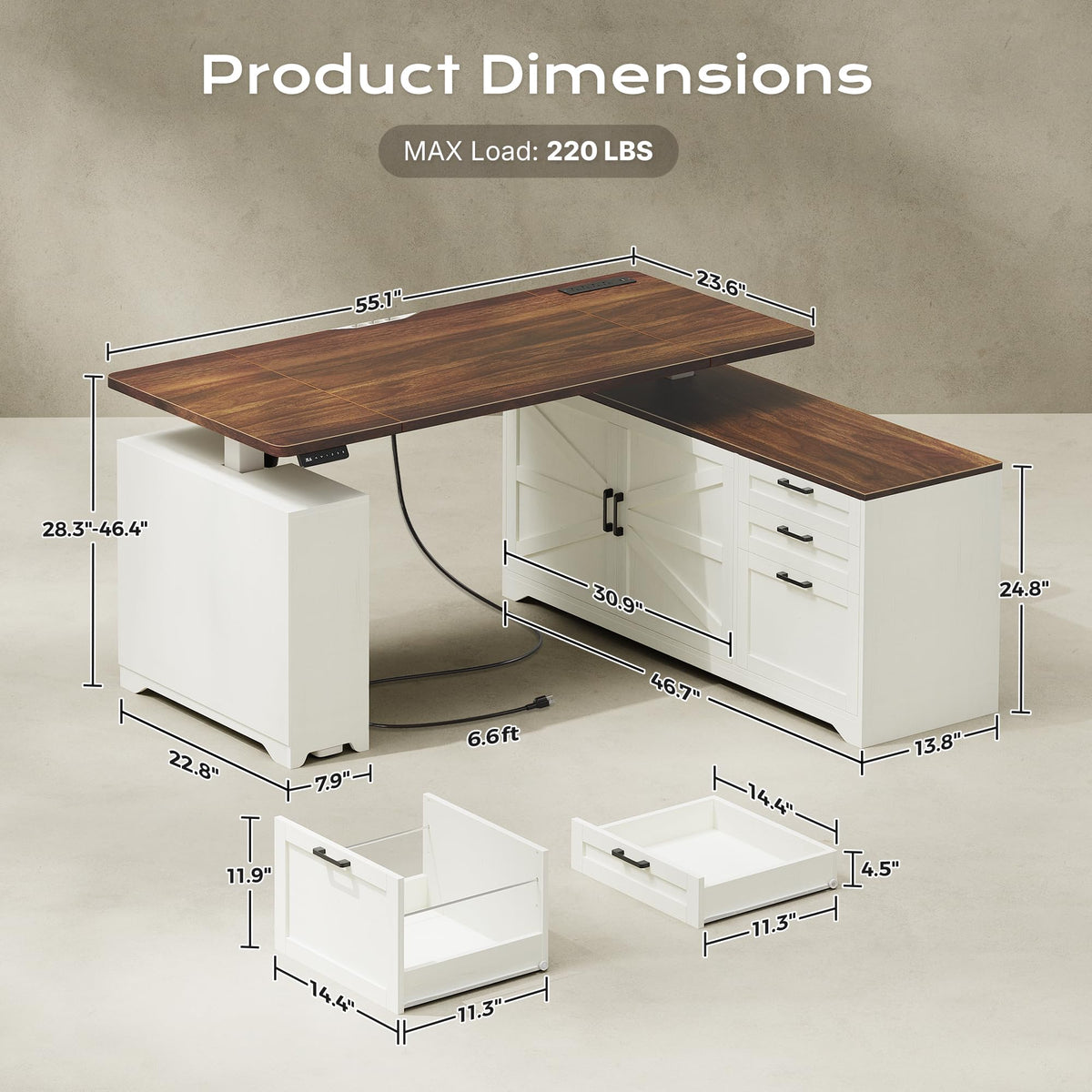 55'' L Shaped Standing Desk with Outlets and Drawers Y136110