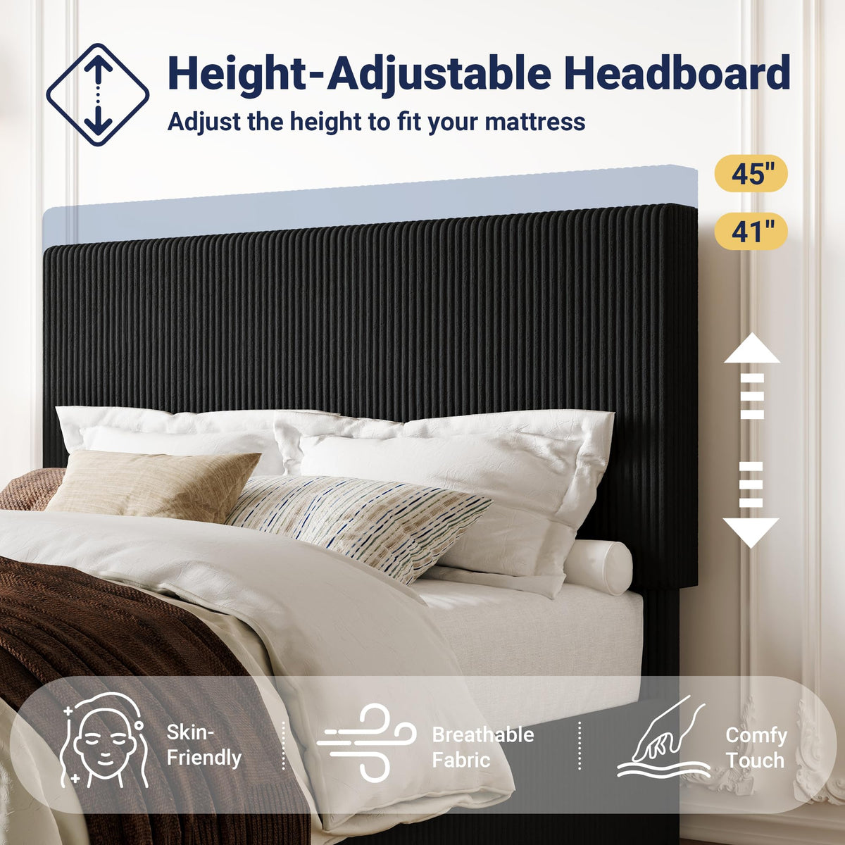 Queen Bed Frame with Adjustable Corduroy Headboard W176200
