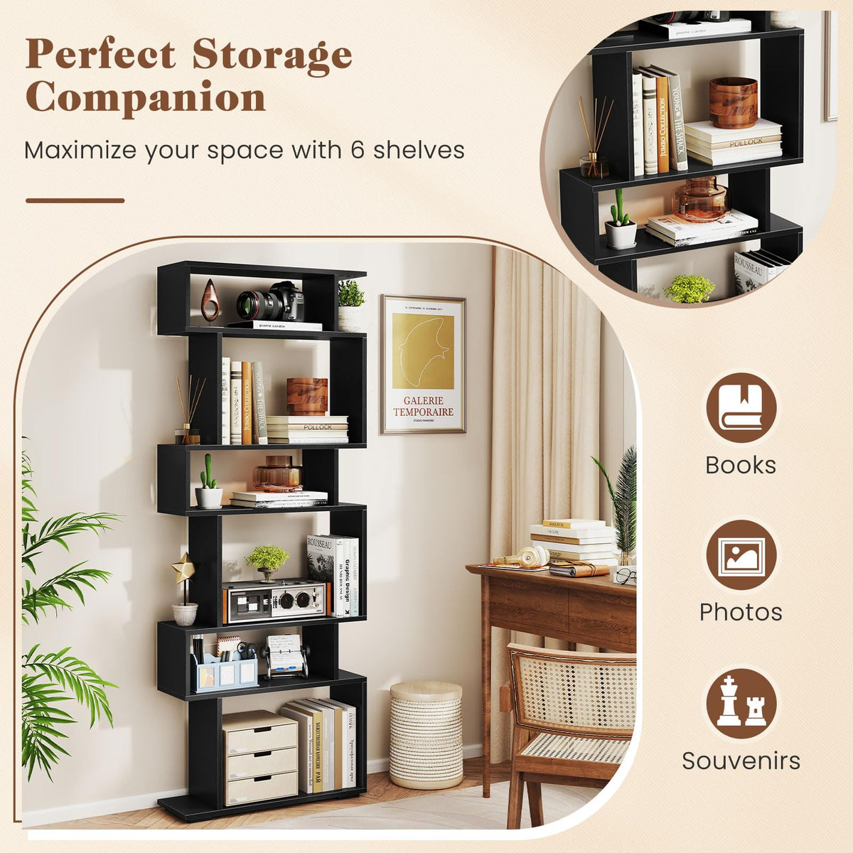 6-Tier S-Shaped Wooden Bookshelf Q890177