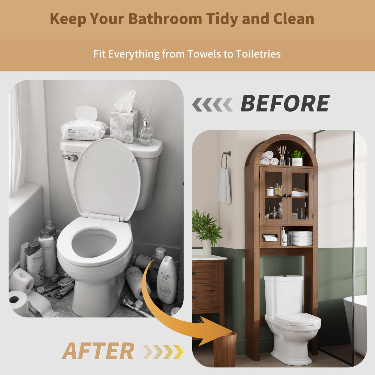 Arched Over the Toilet Storage Cabinet with Tempered Glass Doors A668