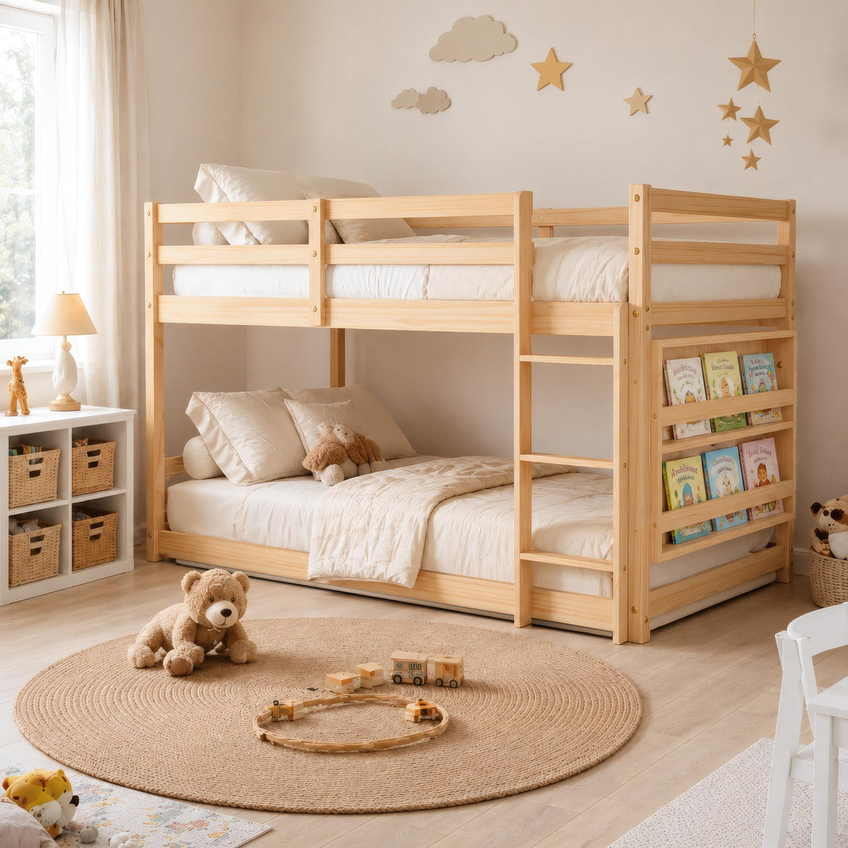 Twin Over Twin Wooden Bunk Bed with Ladder and Guardrails C14974