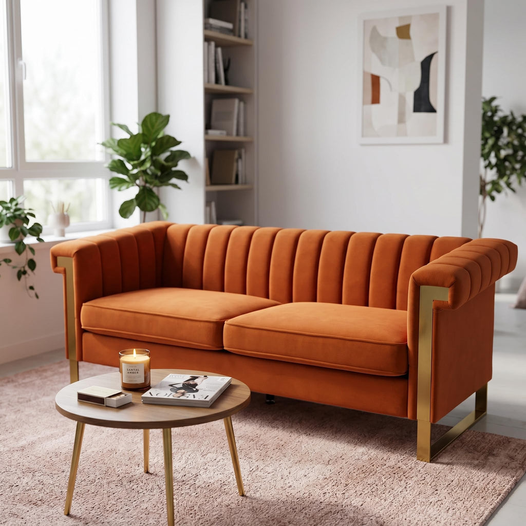 Orange Velvet Sofa with Gold Metal Legs T889866