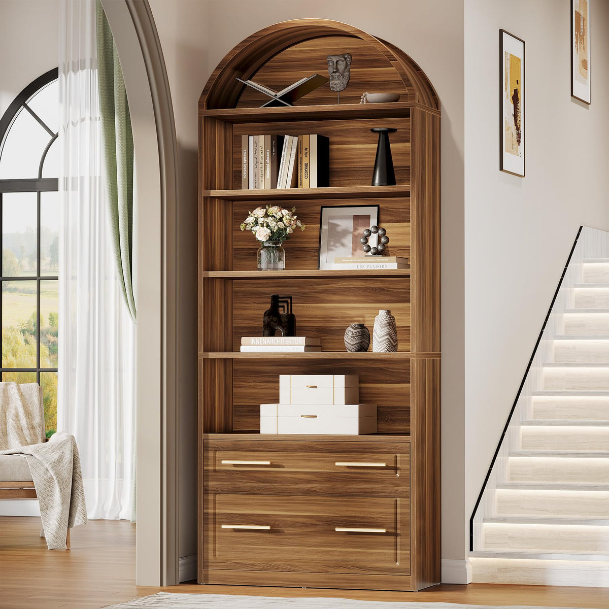 76.8" Tall Arched Bookcase with File Cabinet Drawer, Walnut Brown O698