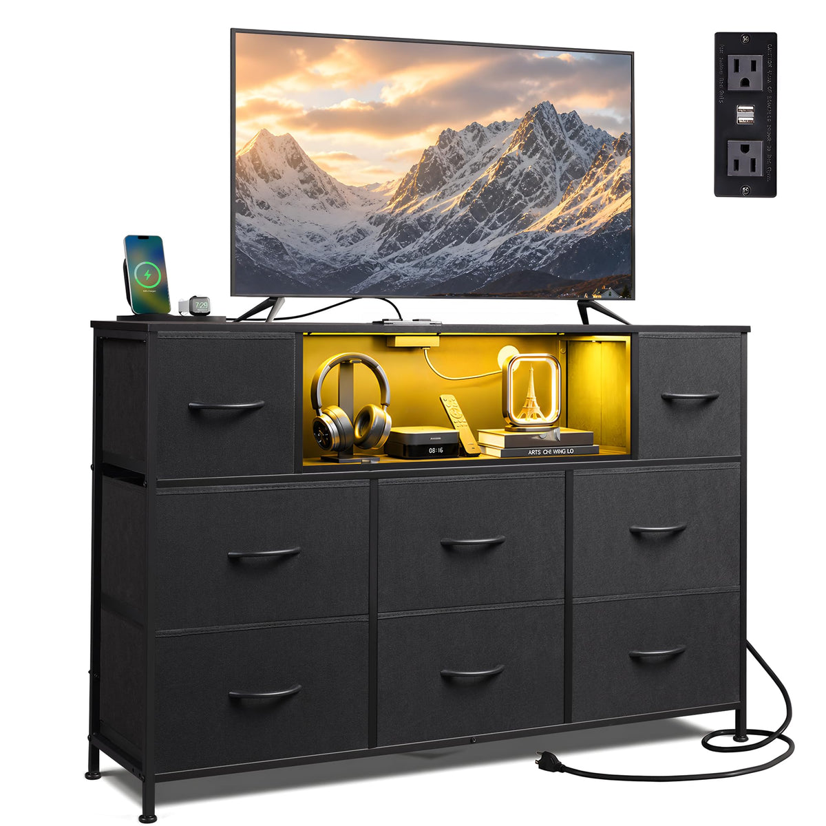 Black 8 Drawer TV Stand V188