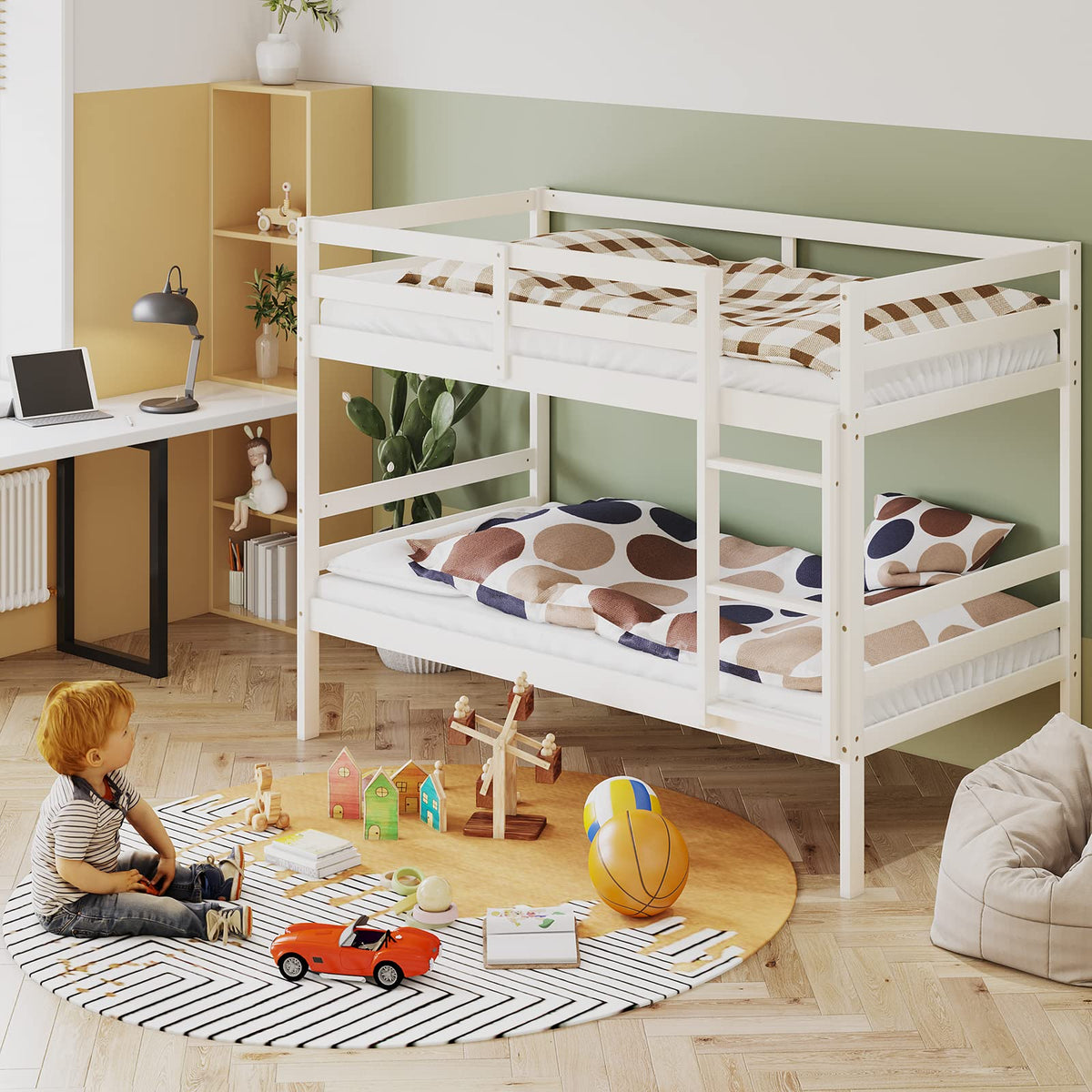 Wood Twin Over Twin Bunk Bed with Ladder & Safety Guardrail C28189