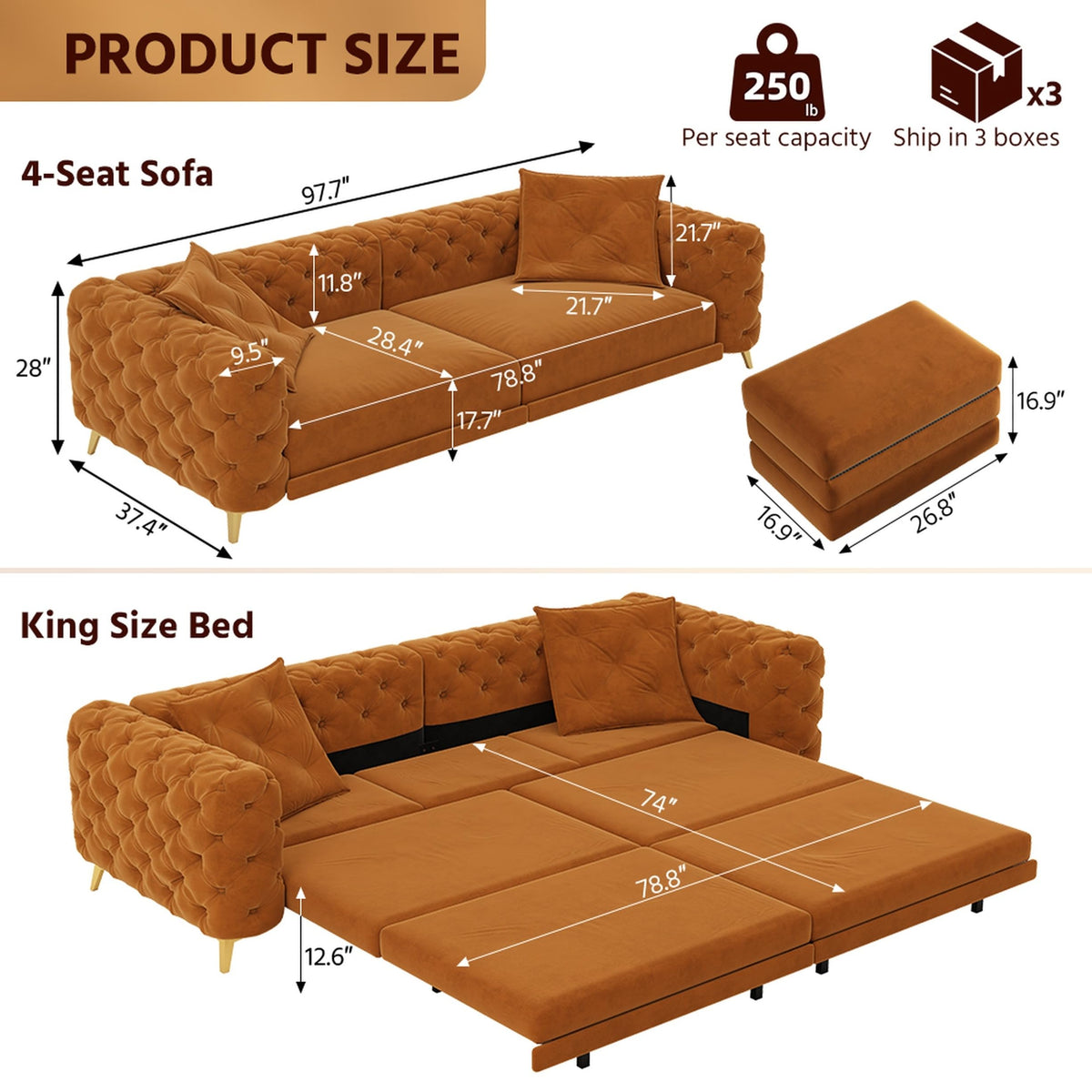 King Size 3 in 1 Pull Out Sofa Bed J3036
