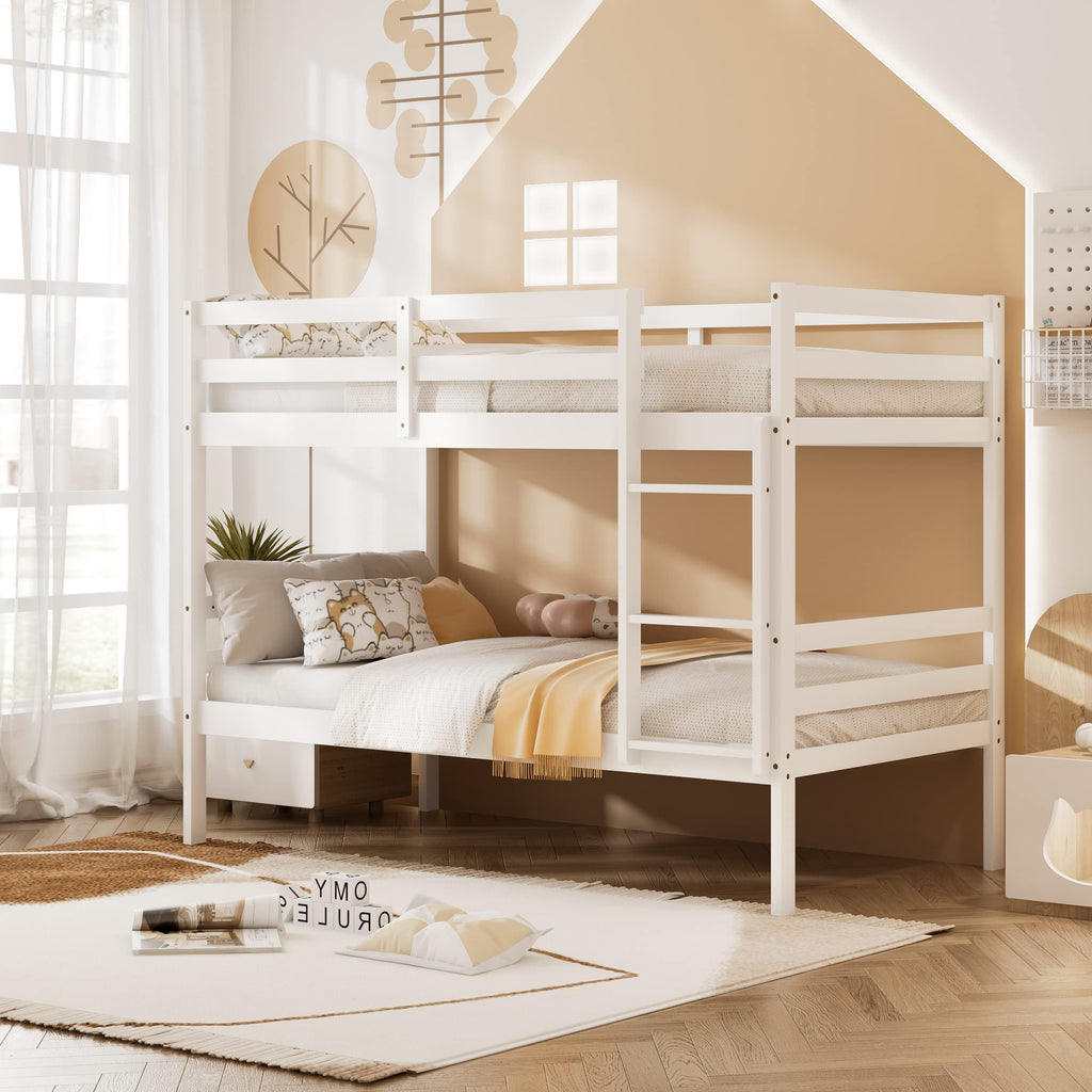Wood Twin Over Twin Bunk Bed with Ladder & Safety Guardrail C28189