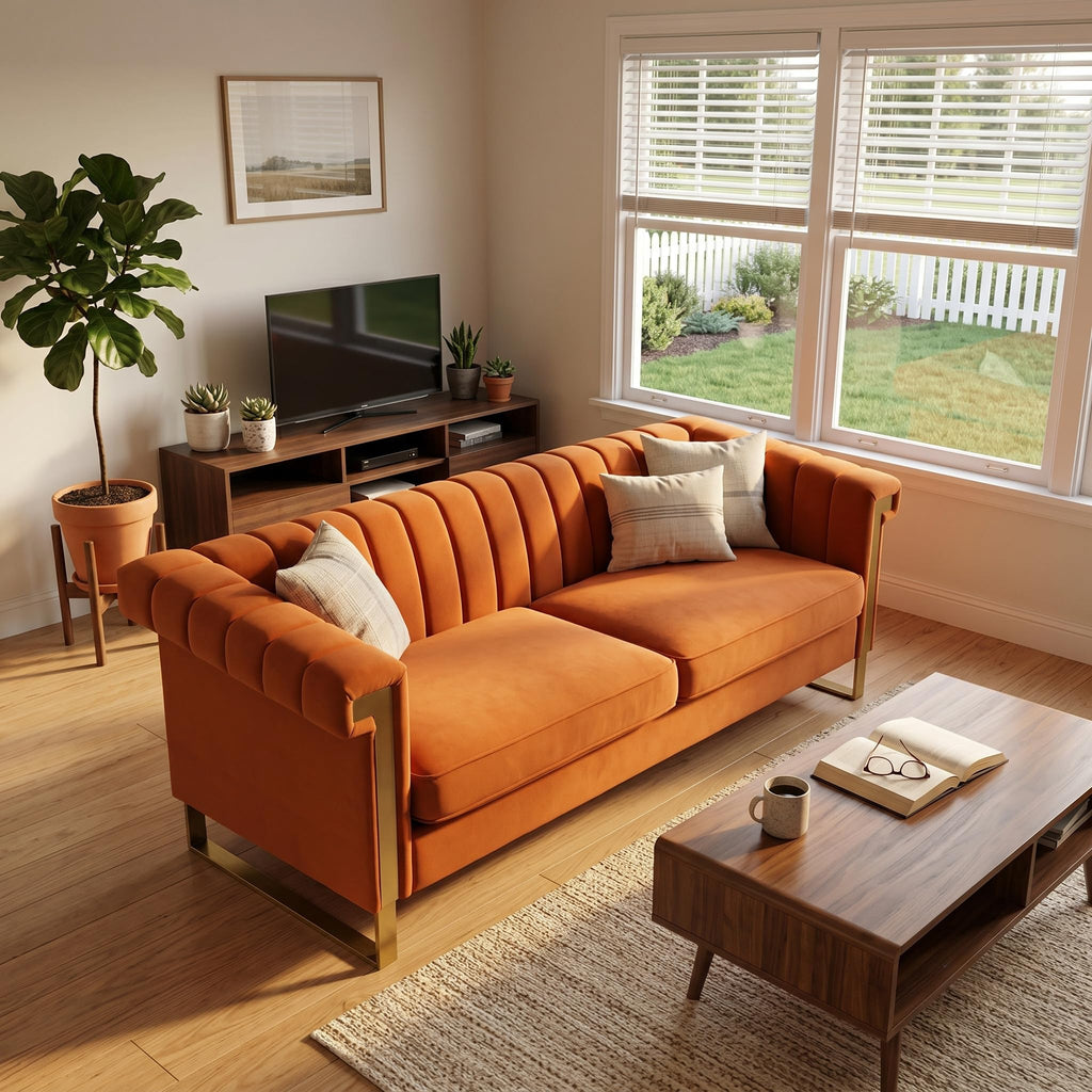 Orange Velvet Sofa with Gold Metal Legs T889866