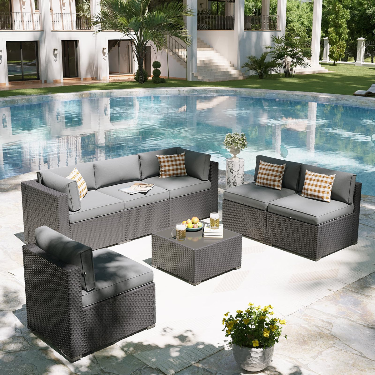 7 Piece Wicker Rattan Outdoor Sectional Sofa Set J2296