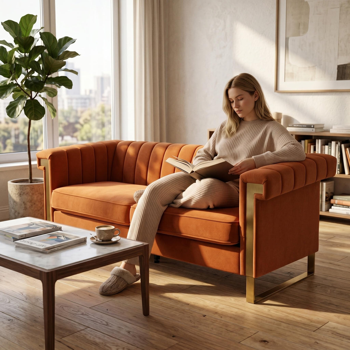 Orange Velvet Sofa with Gold Metal Legs T889866