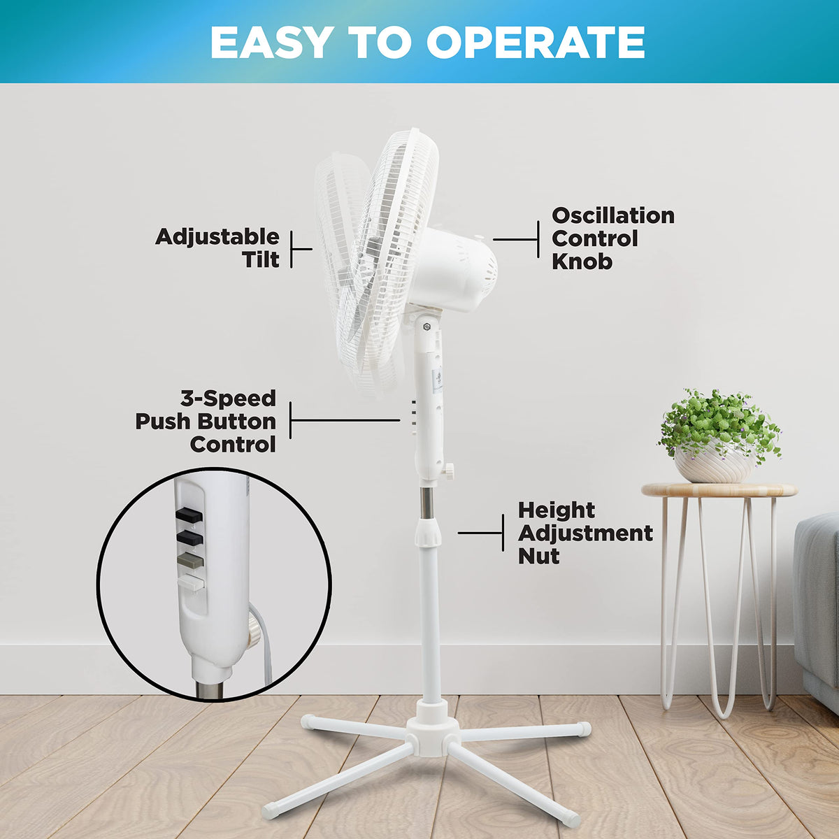 16 inch 3 Speed Oscillating Pedestal Fan White F5333