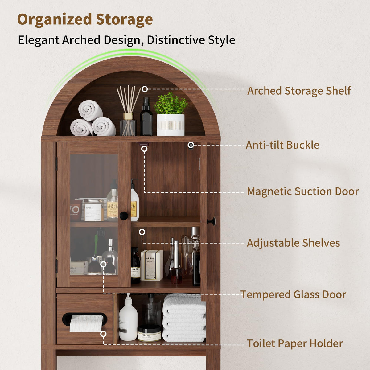 Arched Over the Toilet Storage Cabinet with Tempered Glass Doors A668
