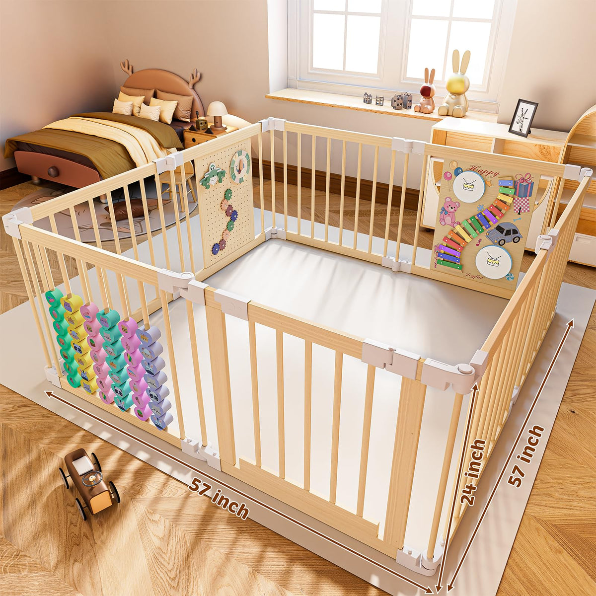 Foldable Wood Baby Playpen with Built-in Toys 57"x57" N19744