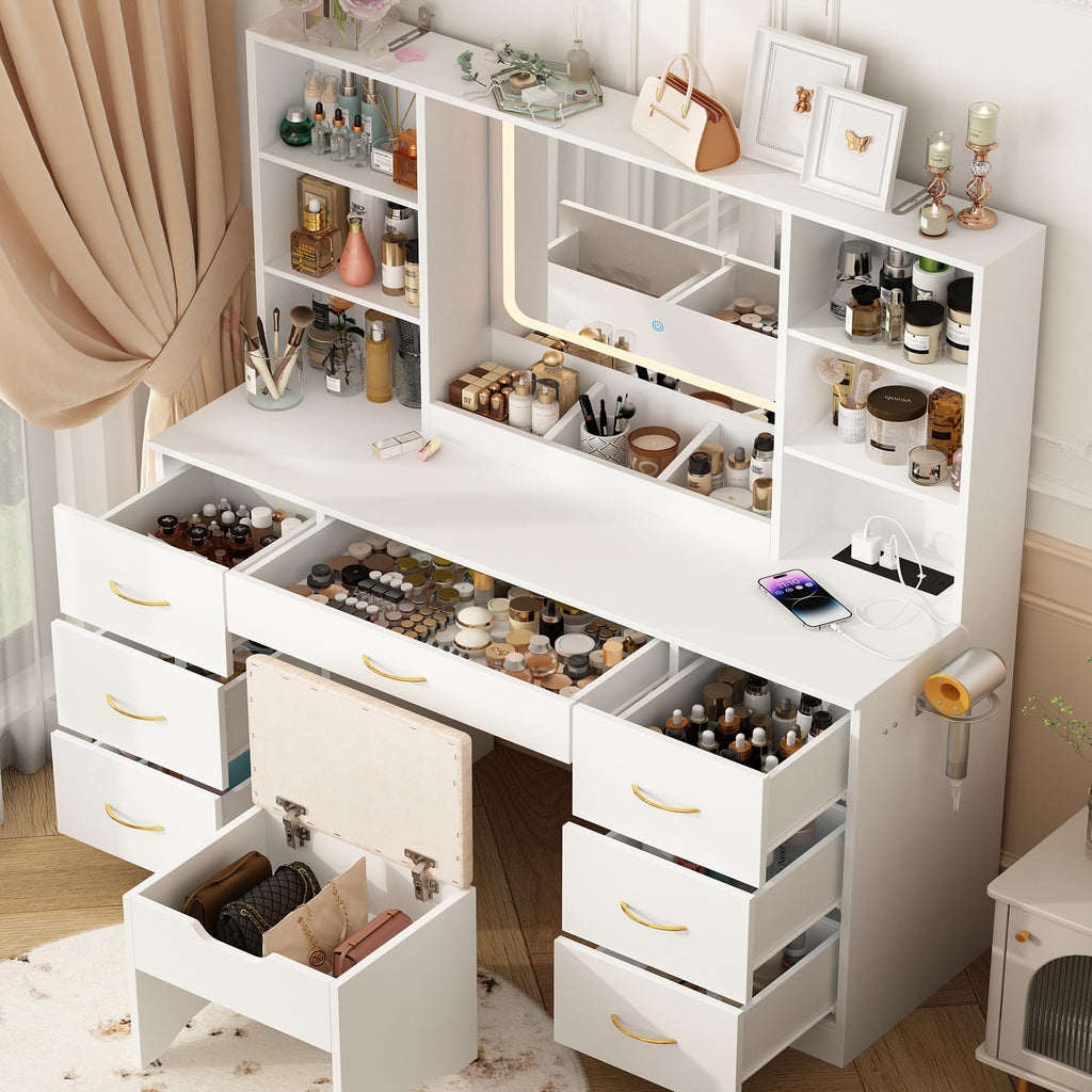 47" White Vanity Desk with Mirror and Lights T6452