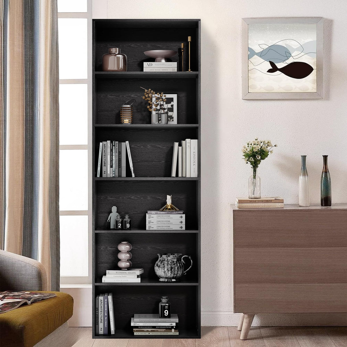 71" Tall 6-Tier Black Bookshelf I4521
