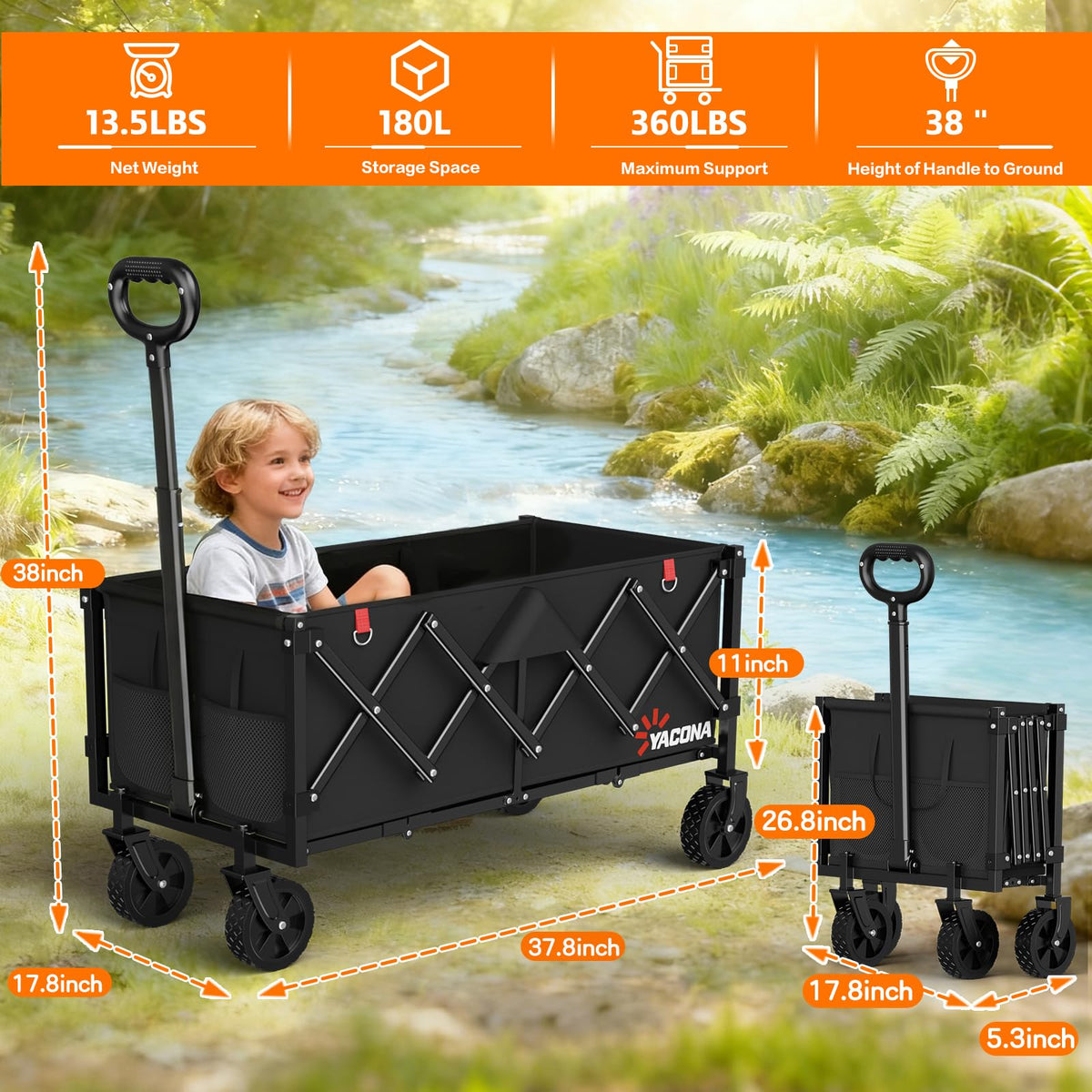 35" Extra Long Foldable Wagon Cart with Wheels U179