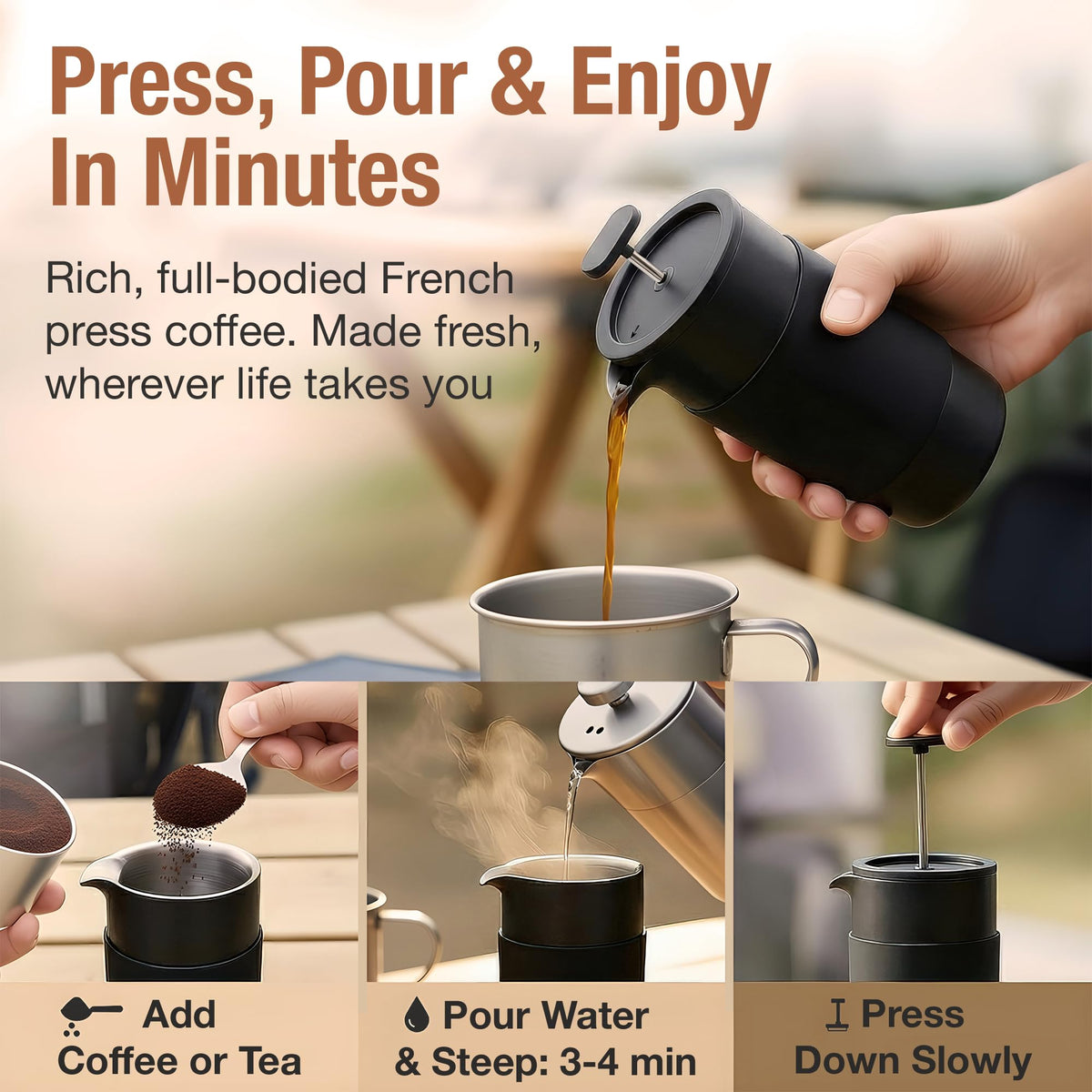 12 oz Double Wall Insulated Travel French Press Coffee Maker Set J556106