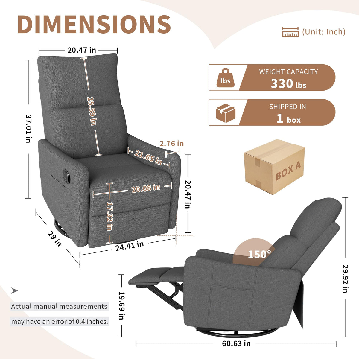 Dark Gray Swivel Rocker Recliner Chair D56075