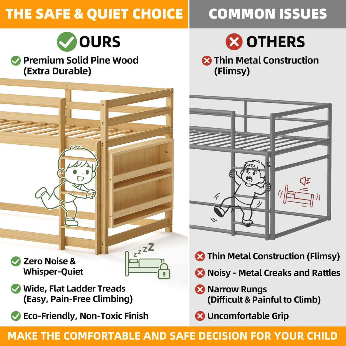 Twin Over Twin Wooden Bunk Bed with Ladder and Guardrails C14974