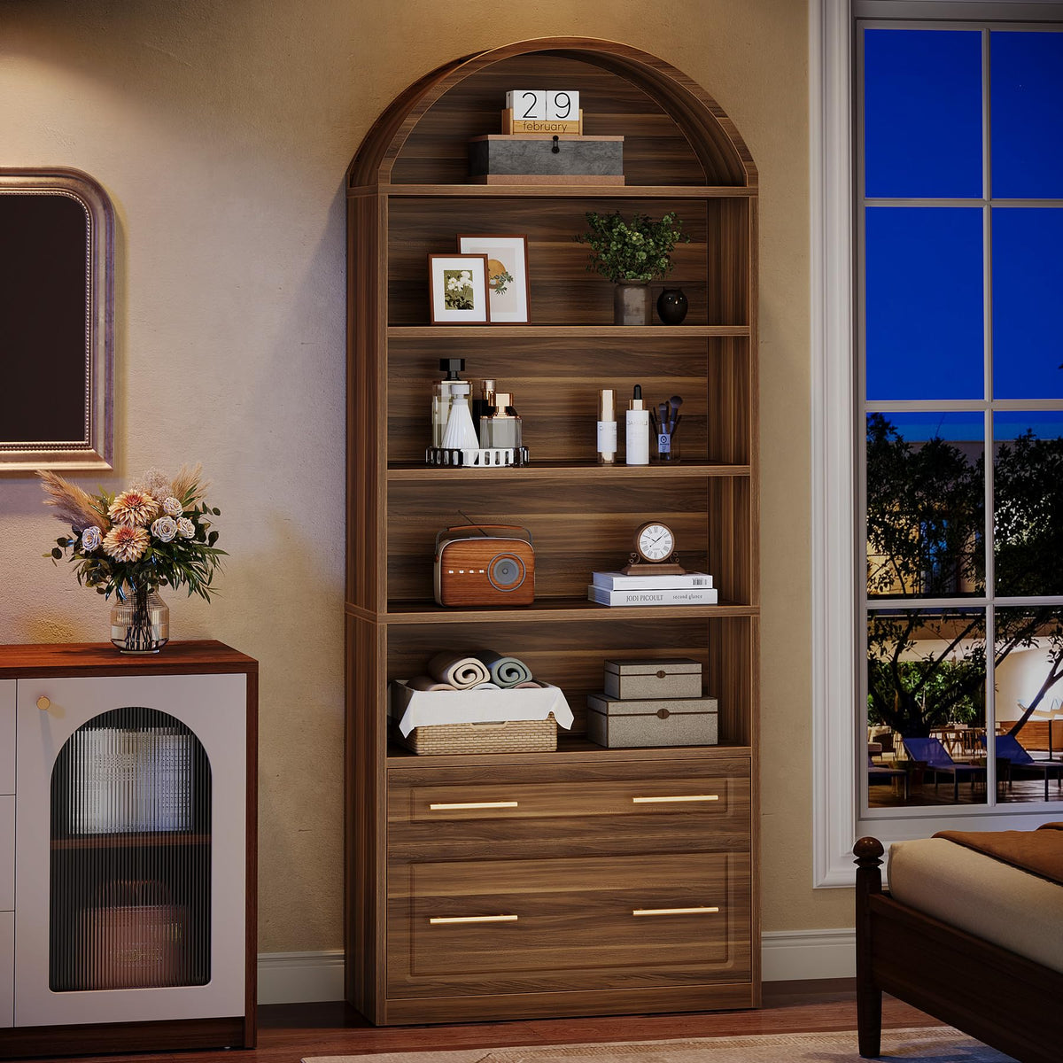 76.8" Tall Arched Bookcase with File Cabinet Drawer, Walnut Brown O698