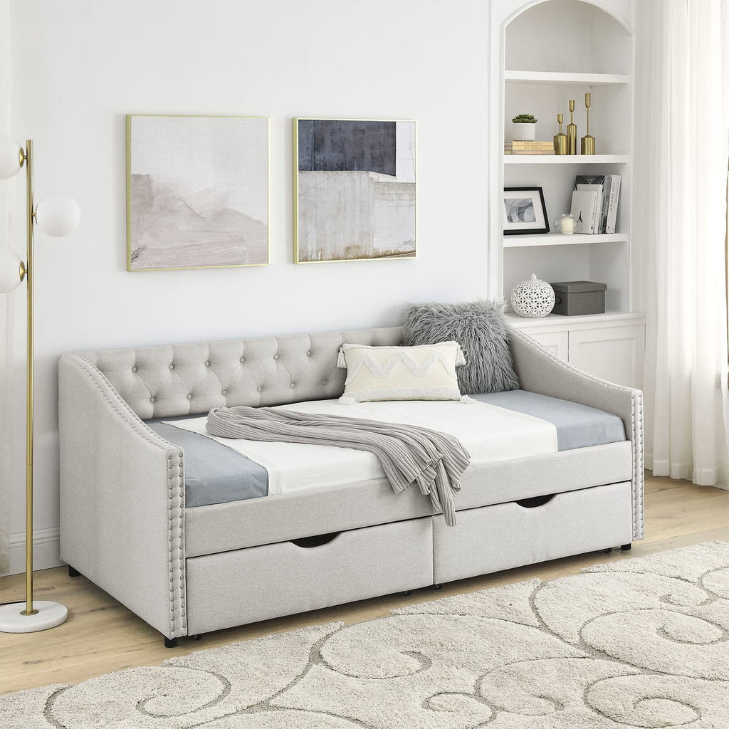Beige Twin Size Upholstered Daybed with Drawers Y6072