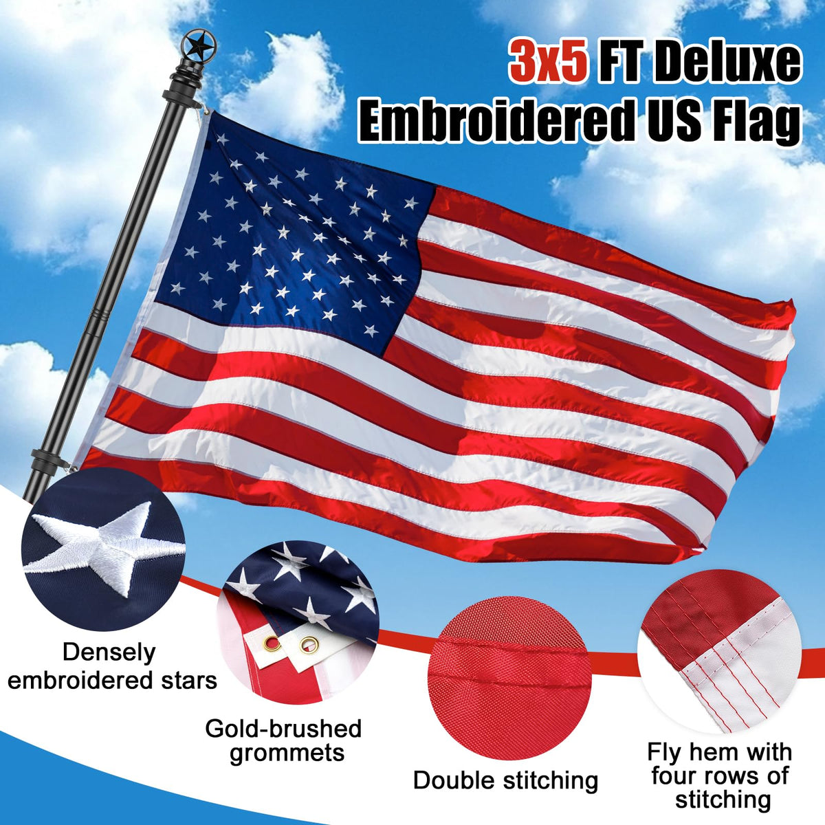 5ft Stainless Steel Flagpole with 3x5 Embroidered US Flag L29490