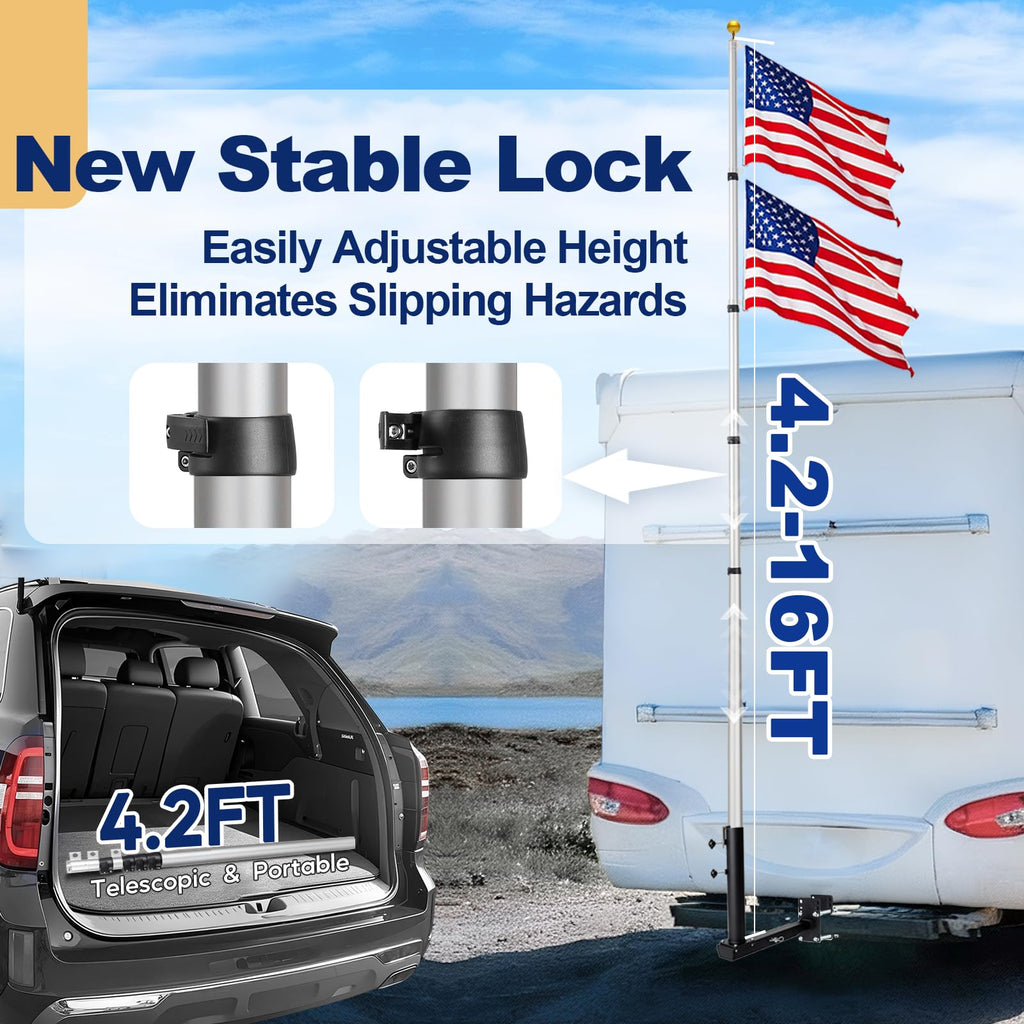 16FT Silver Thickened Aluminum RV Flagpole F430