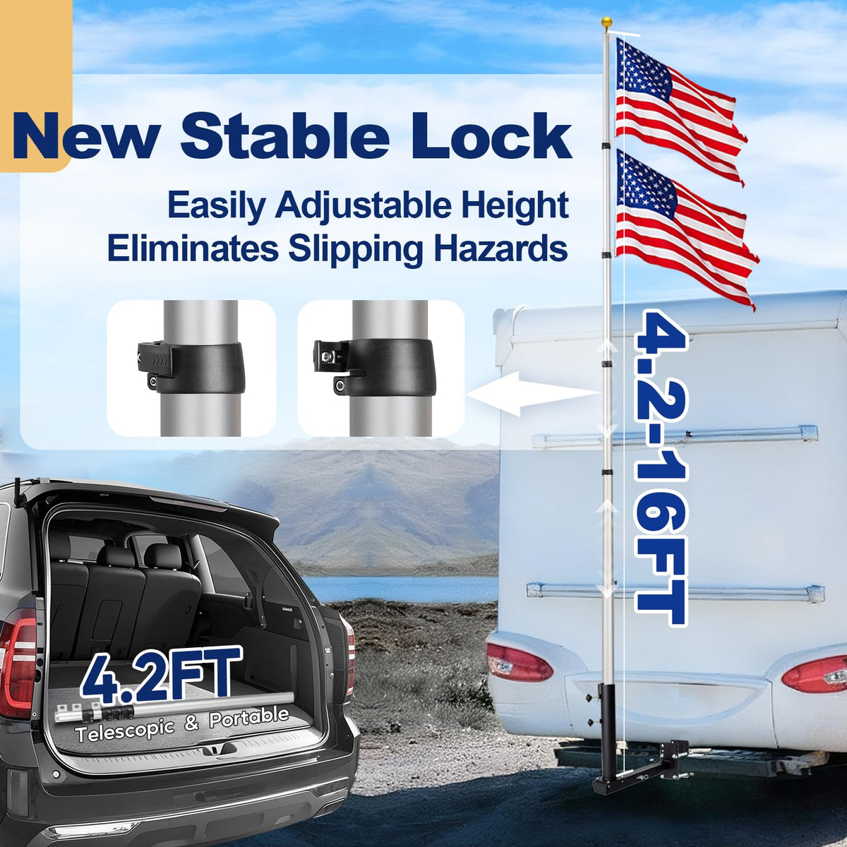 16FT Silver Thickened Aluminum RV Flagpole F430
