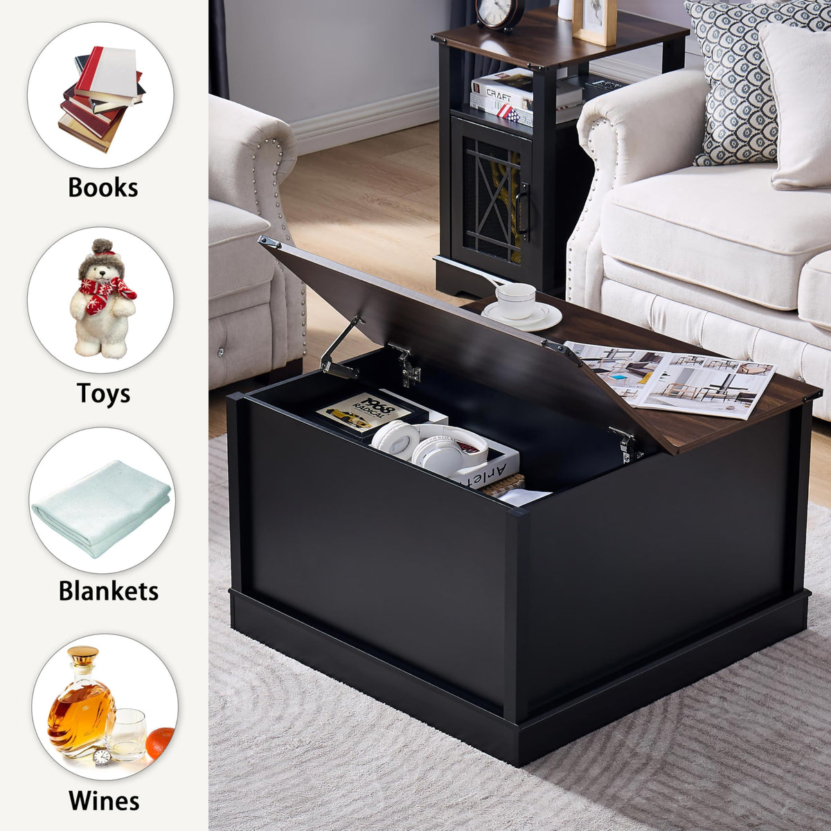 Black Coffee Table with Hidden Compartment Lift-up Top V3436