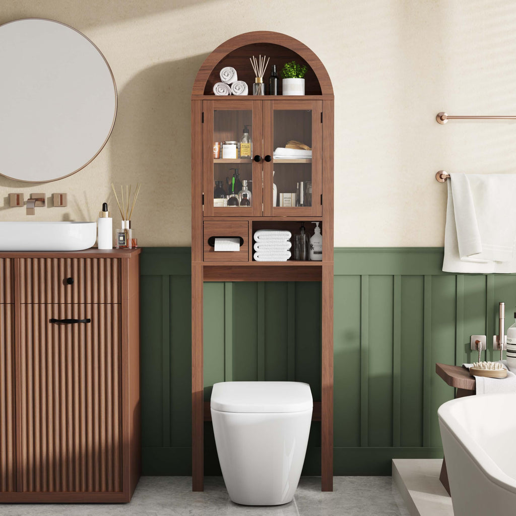 Arched Over the Toilet Storage Cabinet with Tempered Glass Doors A668