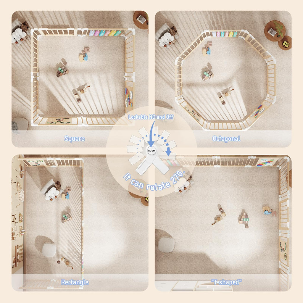 Foldable Wood Baby Playpen with Built-in Toys 57"x57" N19744